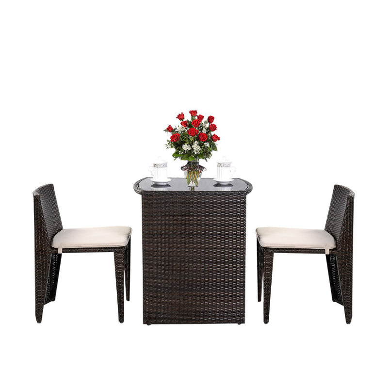 3 Piece Cushioned Wicker Patio Bistro Set No Assembly Needed With Tempered Glass Table And Two Cushioned Chairs