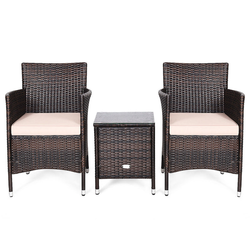 3 Piece Ergonomic Wicker Patio Conversation Set With Cushioned Chairs And Coffee Table