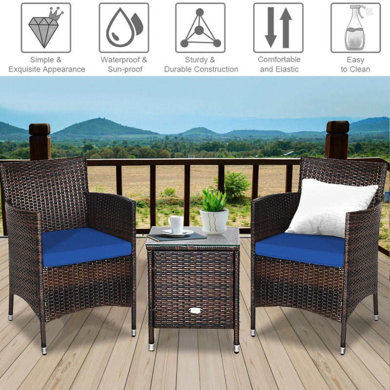 3 Piece Ergonomic Wicker Patio Conversation Set With Cushioned Chairs And Coffee Table