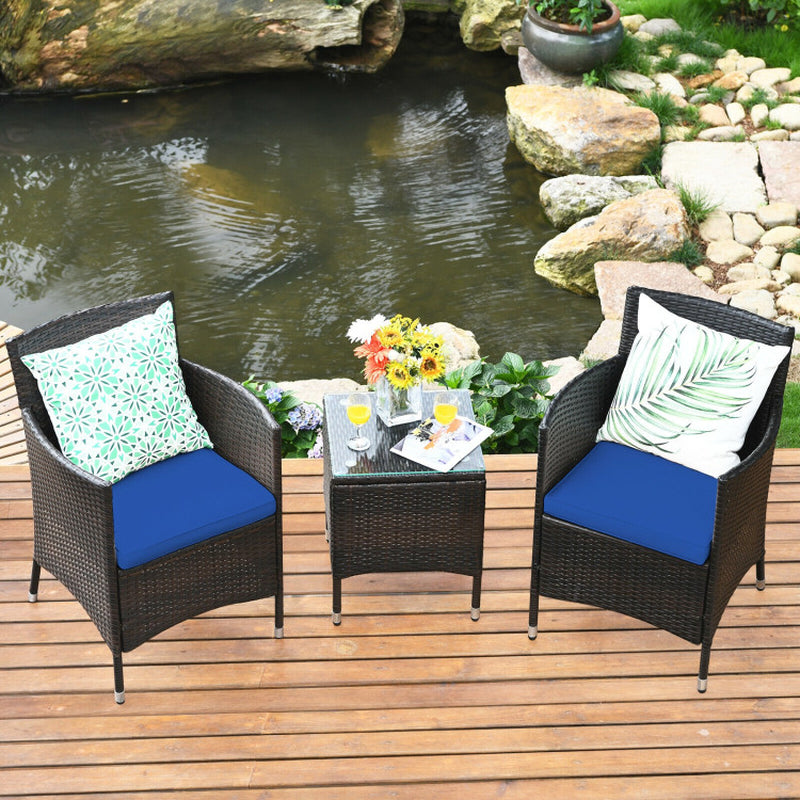 3 Piece Ergonomic Wicker Patio Conversation Set With Cushioned Chairs And Coffee Table