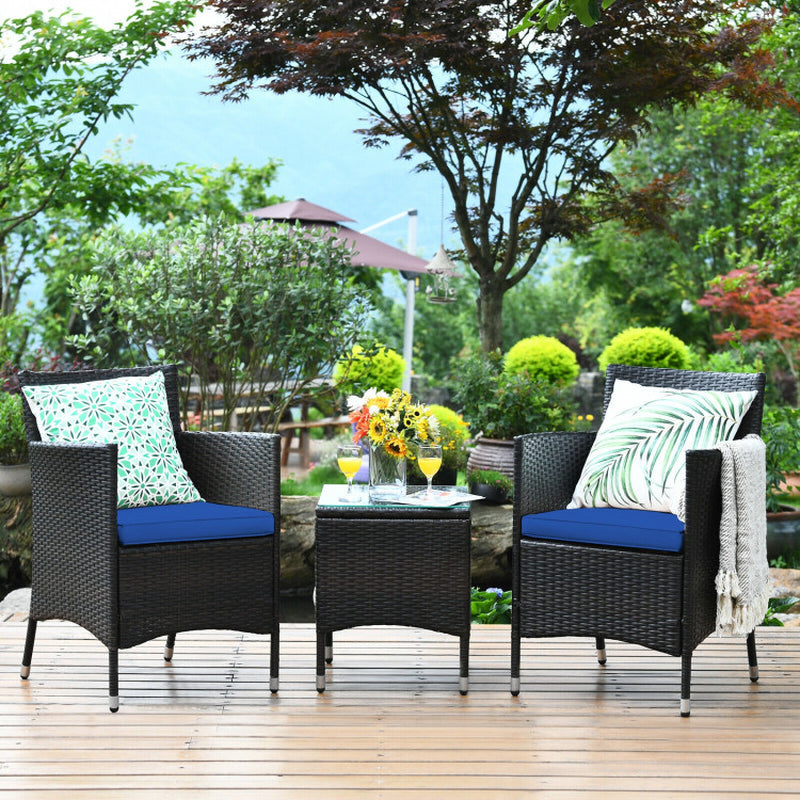 3 Piece Ergonomic Wicker Patio Conversation Set With Cushioned Chairs And Coffee Table