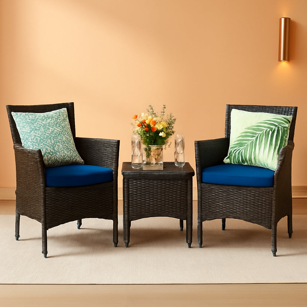 3 Piece Ergonomic Wicker Patio Conversation Set With Cushioned Chairs And Coffee Table