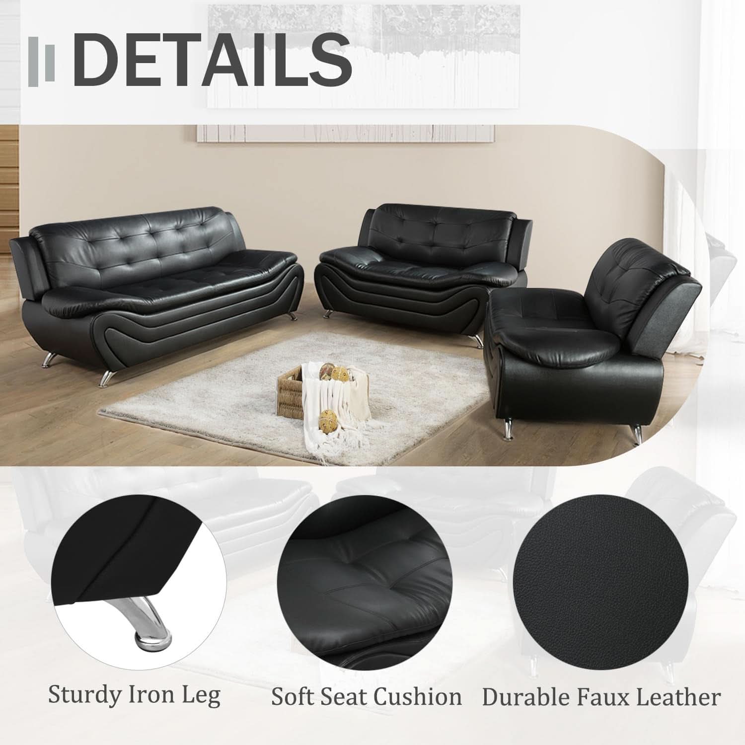 3 Piece Faux Leather Sofa Set For Living Room Black 3 Seater Sofa Loveseat Armchair