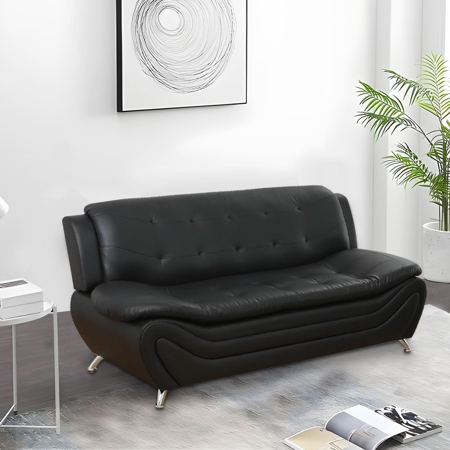 3 Piece Faux Leather Sofa Set For Living Room Black 3 Seater Sofa Loveseat Armchair