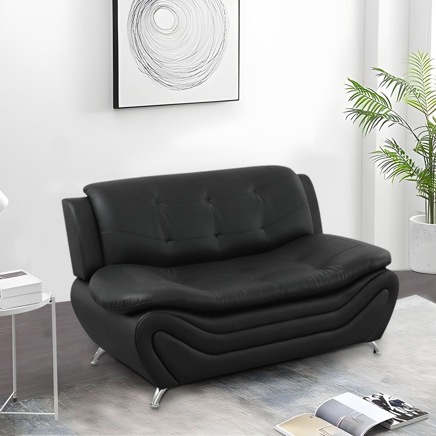 3 Piece Faux Leather Sofa Set For Living Room Black 3 Seater Sofa Loveseat Armchair