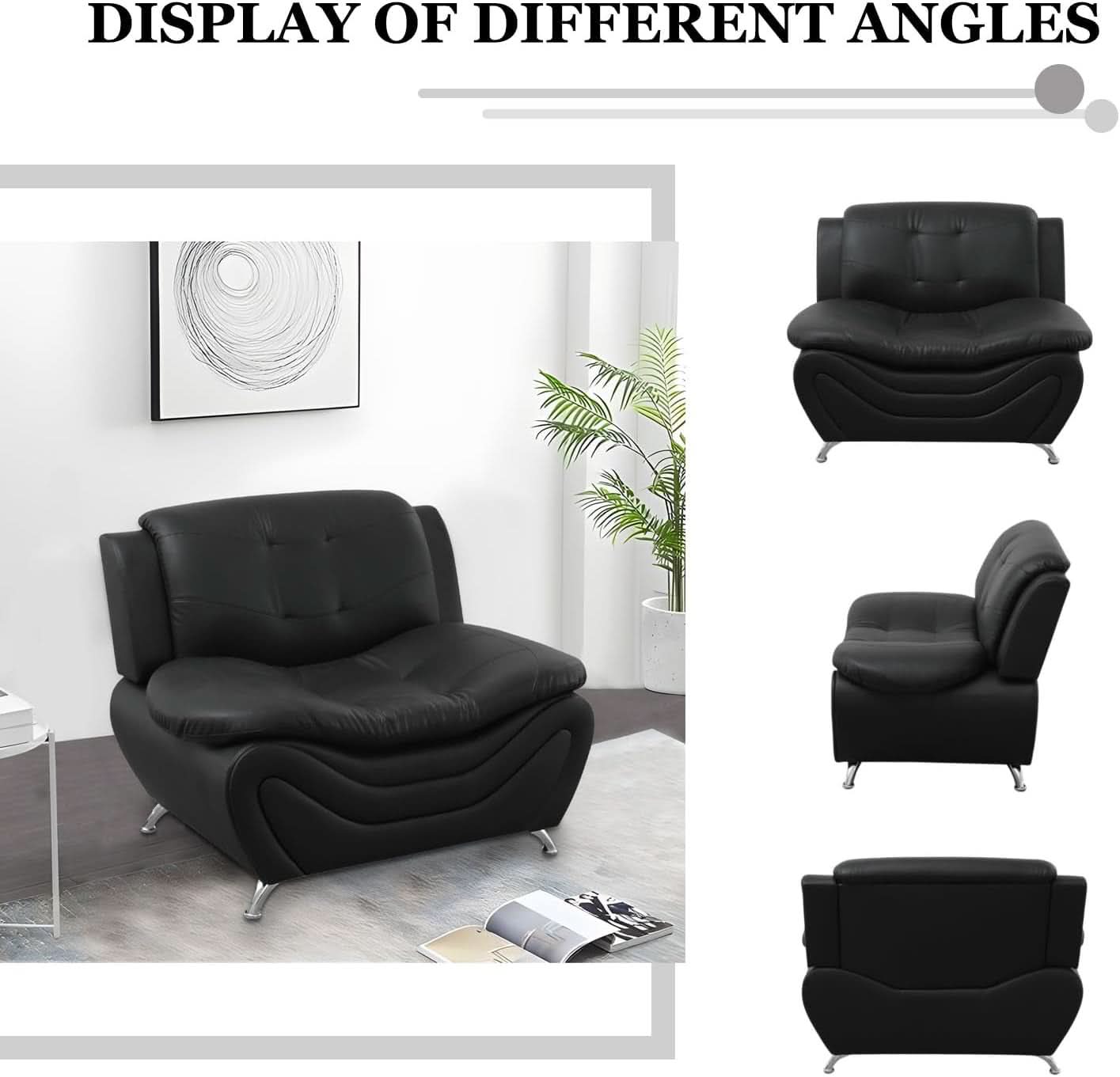 3 Piece Faux Leather Sofa Set For Living Room Black 3 Seater Sofa Loveseat Armchair