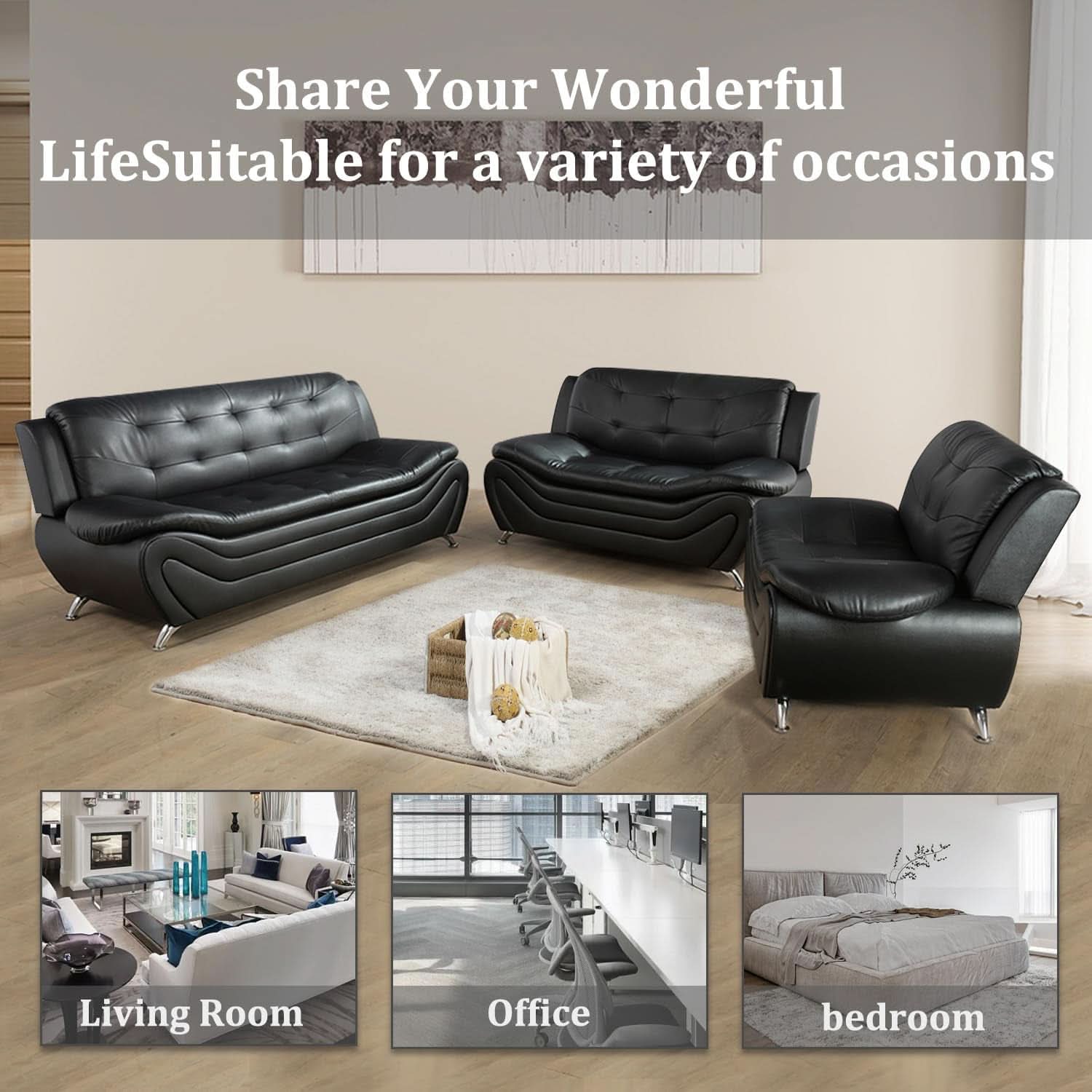3 Piece Faux Leather Sofa Set For Living Room Black 3 Seater Sofa Loveseat Armchair