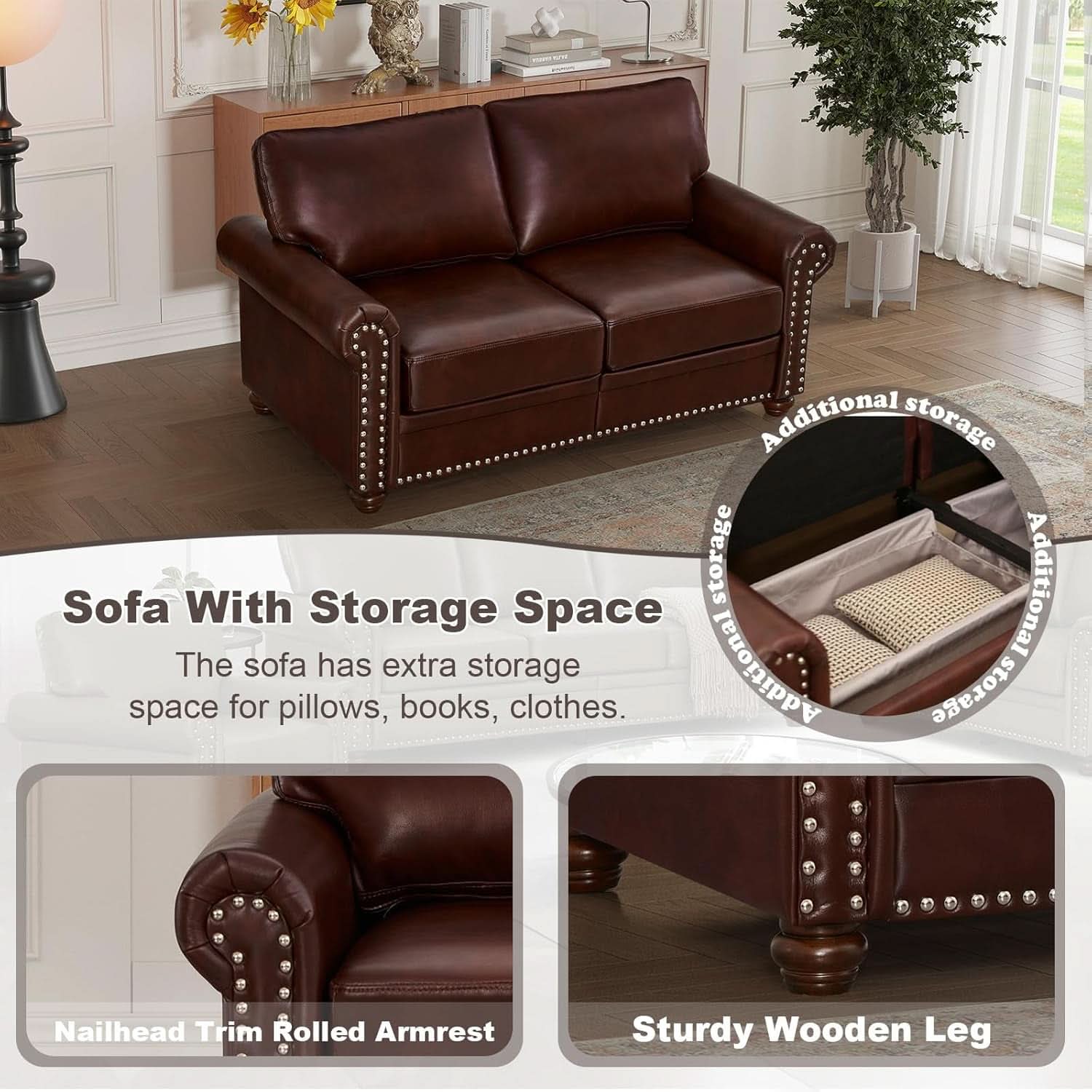 3 Piece Faux Leather Sofa Set With Storage In Burgundy Mid Century Modern Living Room
