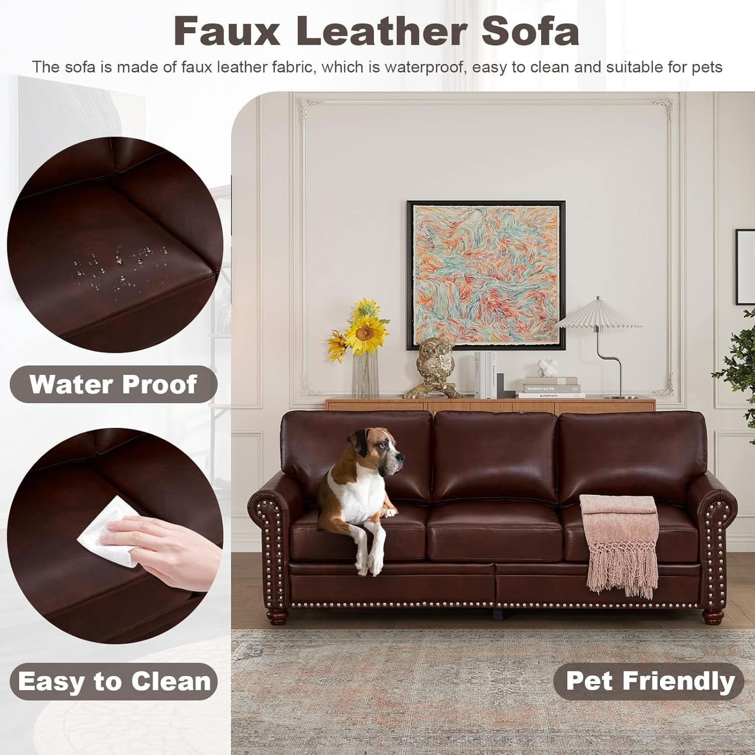 3 Piece Faux Leather Sofa Set With Storage In Burgundy Mid Century Modern Living Room