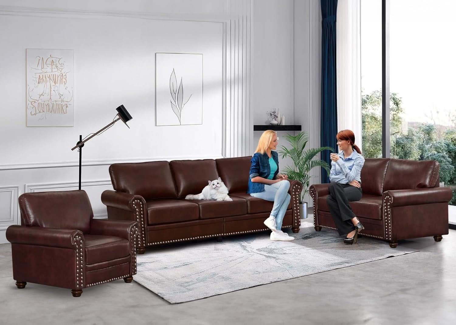 3 Piece Faux Leather Sofa Set With Storage In Burgundy Mid Century Modern Living Room