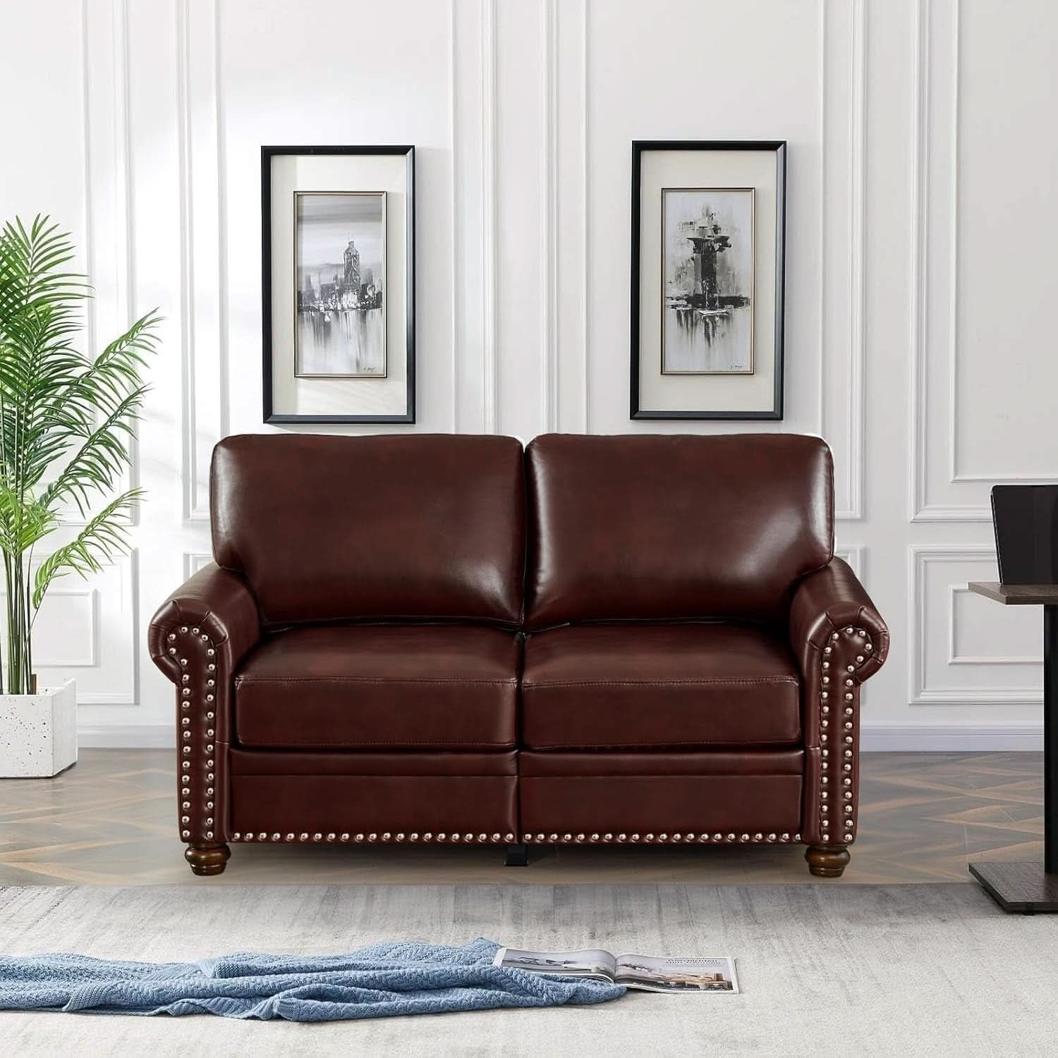 3 Piece Faux Leather Sofa Set With Storage In Burgundy Mid Century Modern Living Room