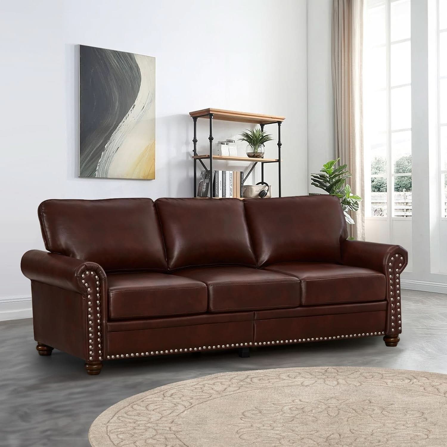3 Piece Faux Leather Sofa Set With Storage In Burgundy Mid Century Modern Living Room
