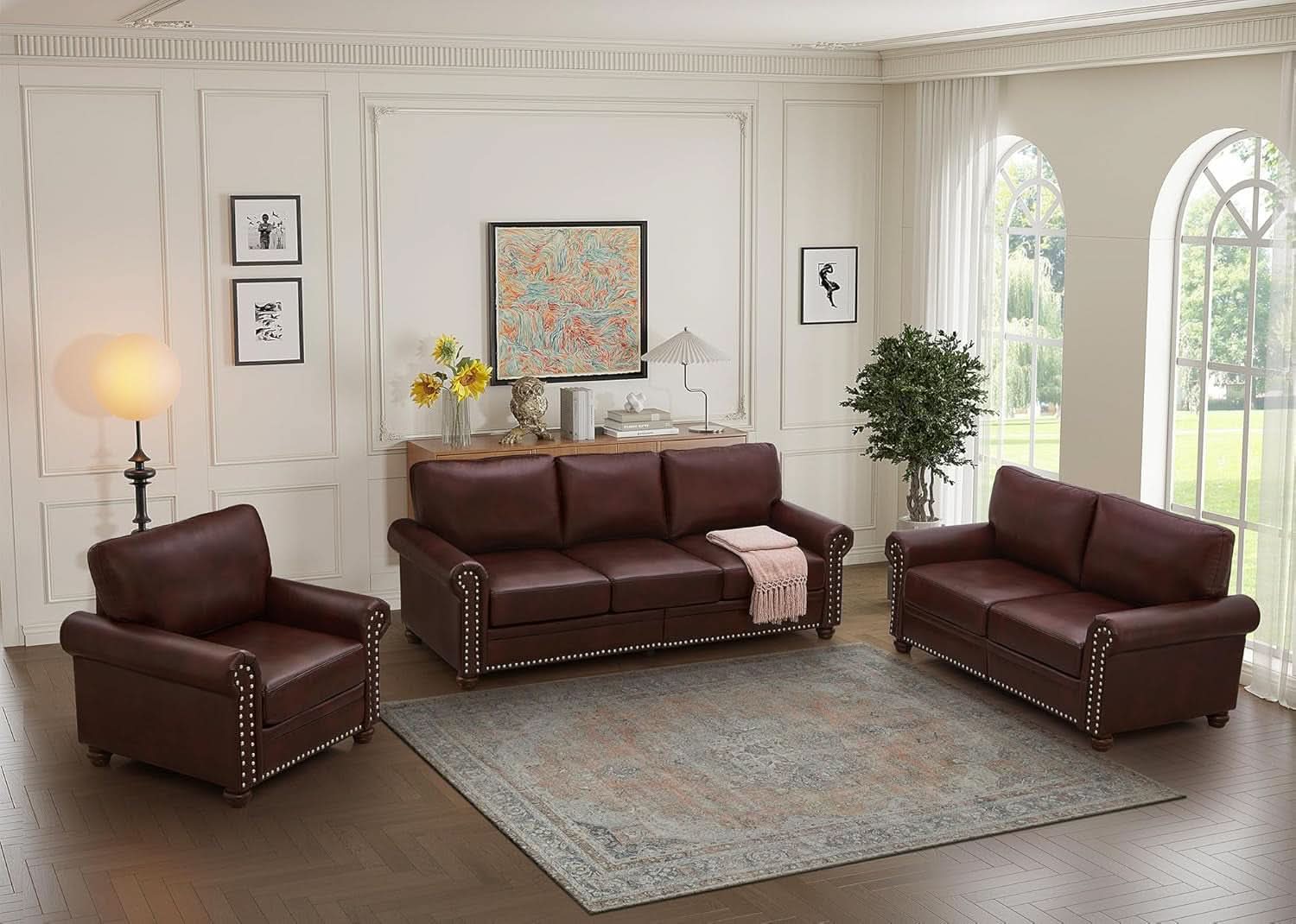 3 Piece Faux Leather Sofa Set With Storage In Burgundy Mid Century Modern Living Room