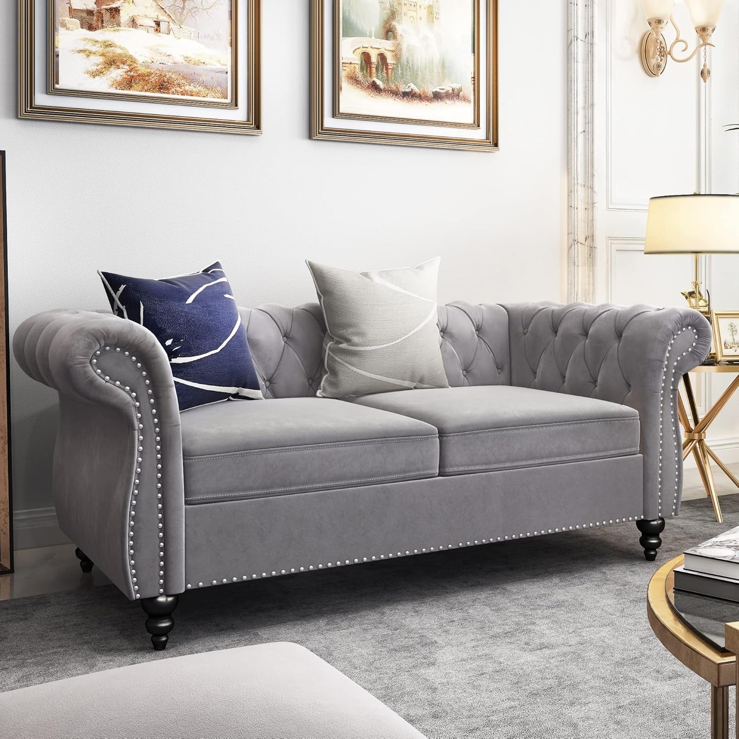 3 Piece Grey Sectional Sofa Set Velvet Chesterfield Style