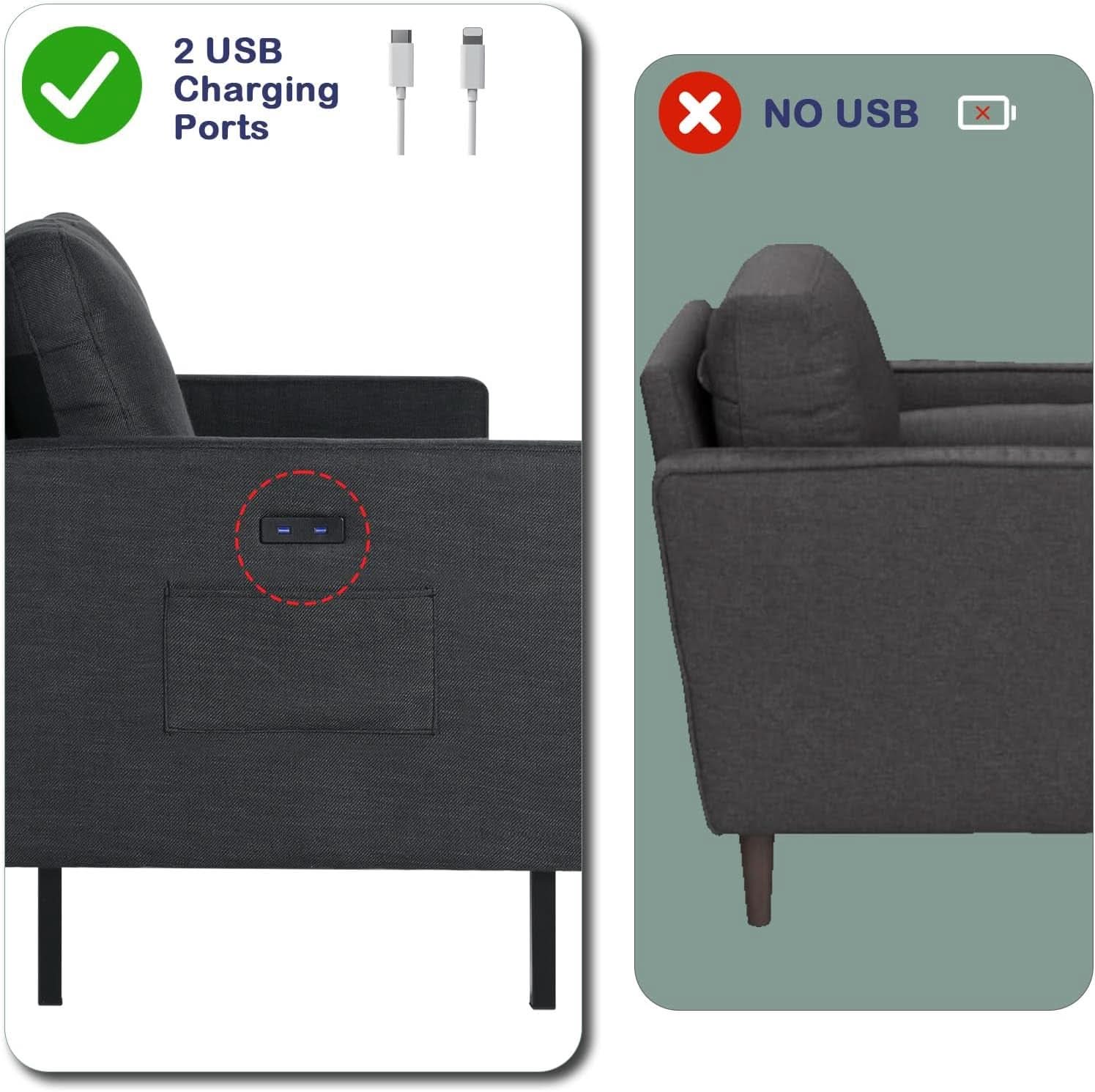 3 Piece Living Room Furniture Set With 3 Seat Couch Loveseat And USB Ports Dark Grey