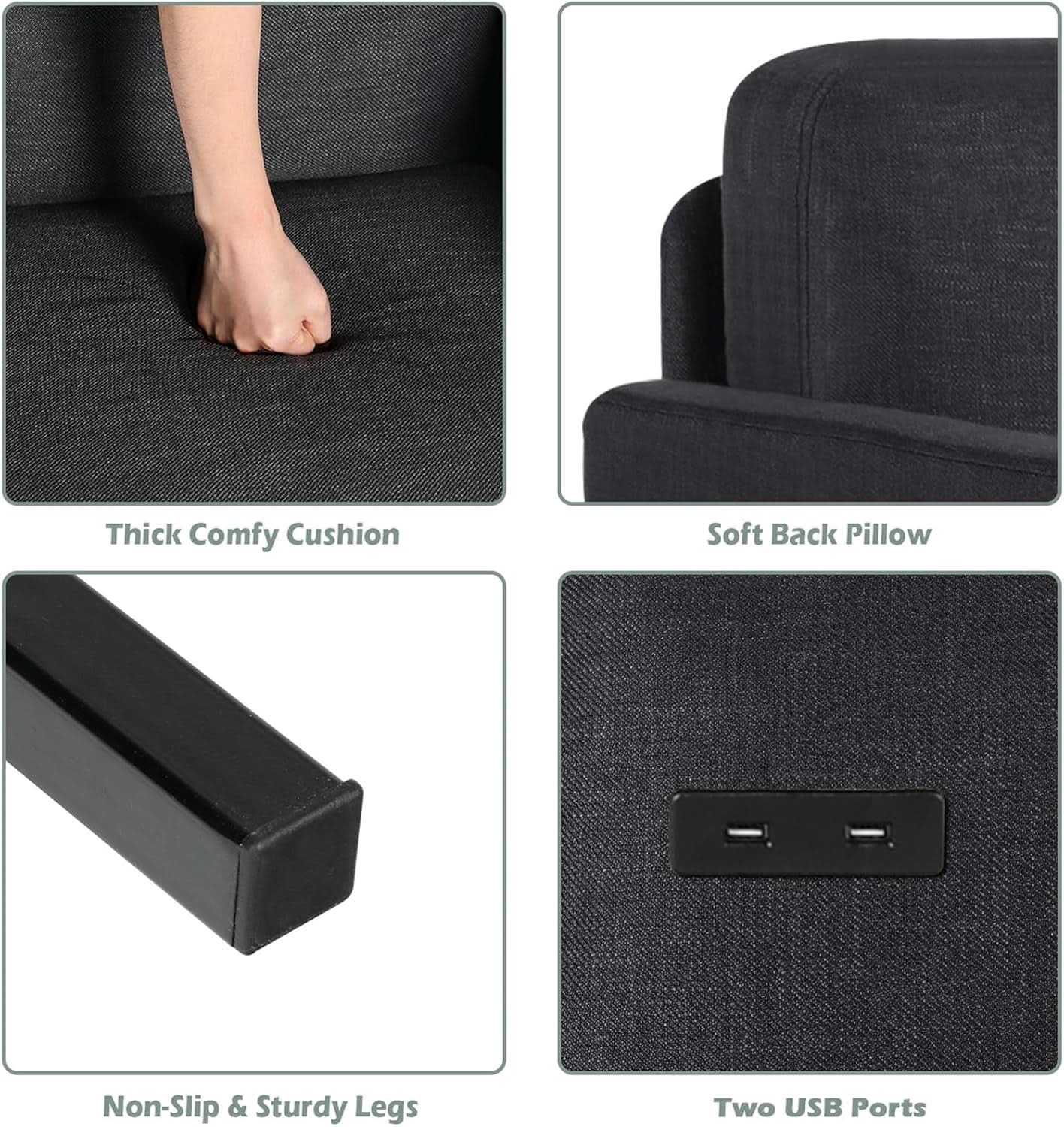 3 Piece Living Room Furniture Set With 3 Seat Couch Loveseat And USB Ports Dark Grey