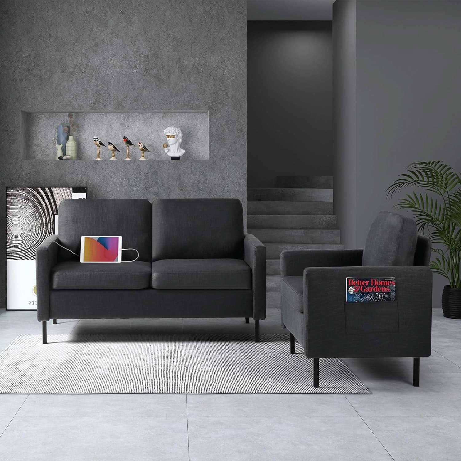 3 Piece Living Room Furniture Set With 3 Seat Couch Loveseat And USB Ports Dark Grey