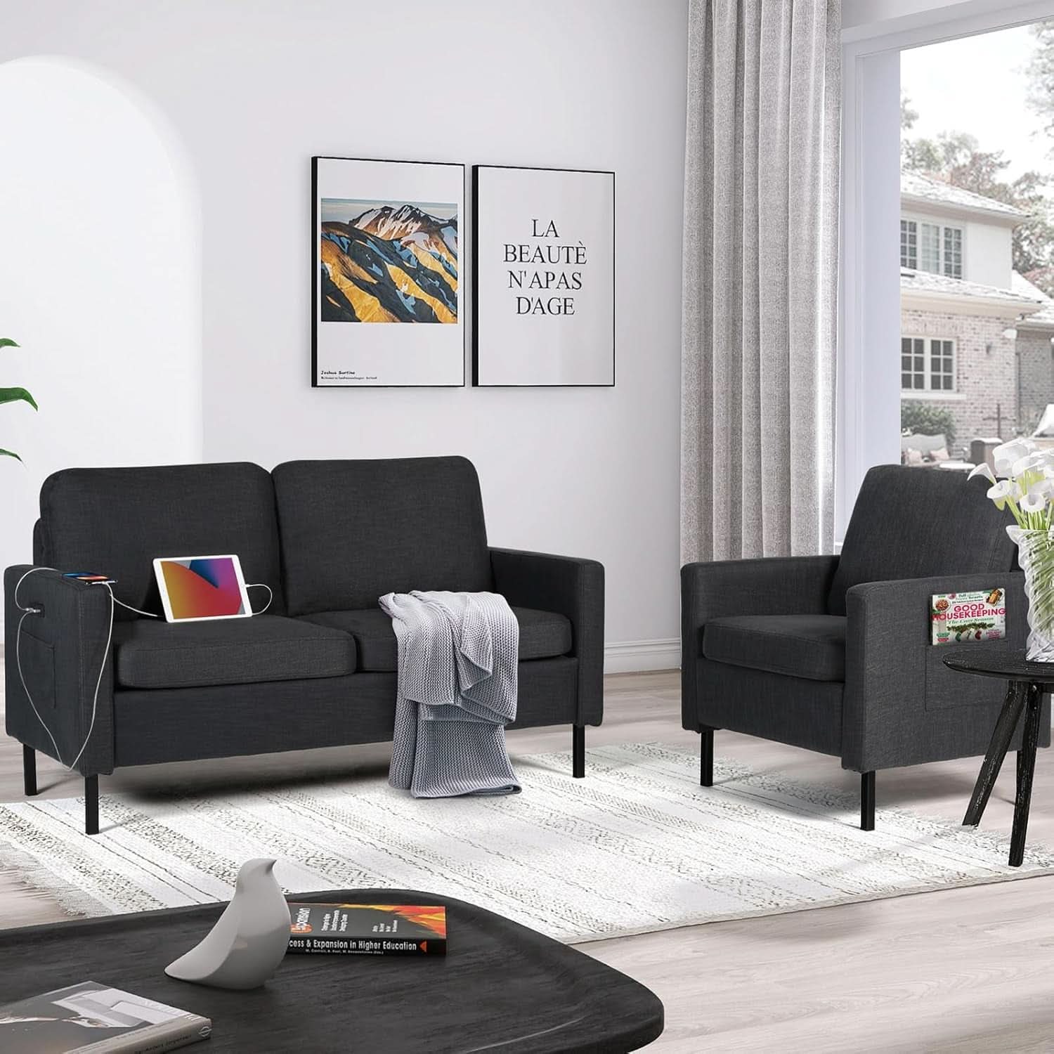 3 Piece Living Room Furniture Set With 3 Seat Couch Loveseat And USB Ports Dark Grey