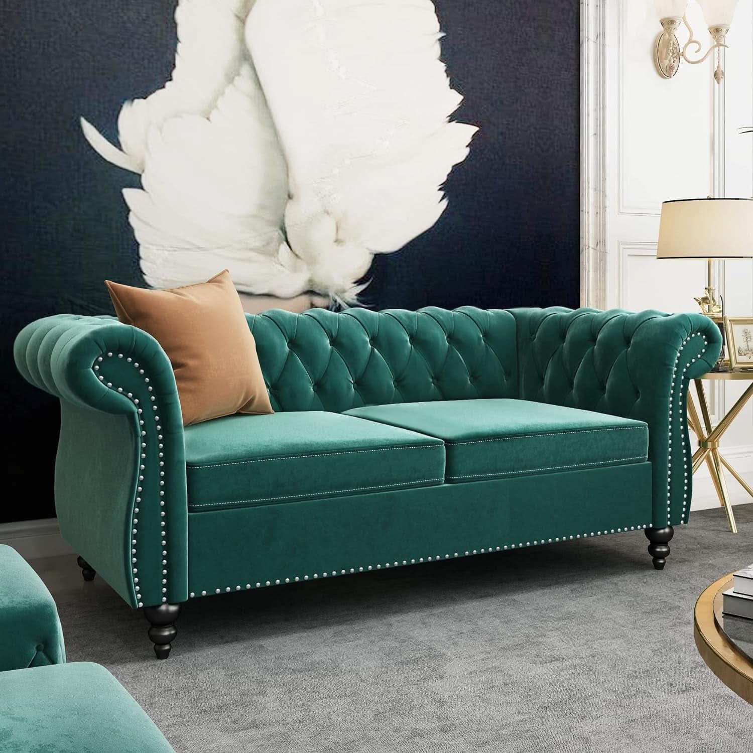3 Piece Living Room Sectional Sofa Set Green Velvet Couch