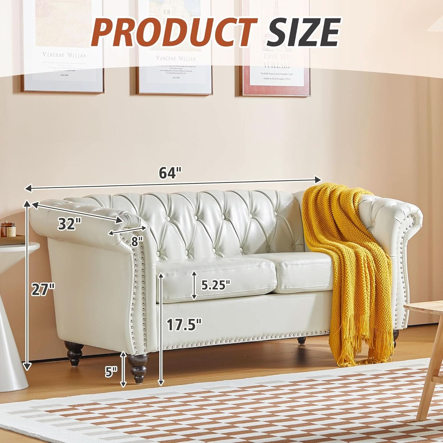 3 Piece Living Room Set Chesterfield Faux Leather Sofa Loveseat Chair White With Scroll Arms And Nailhead