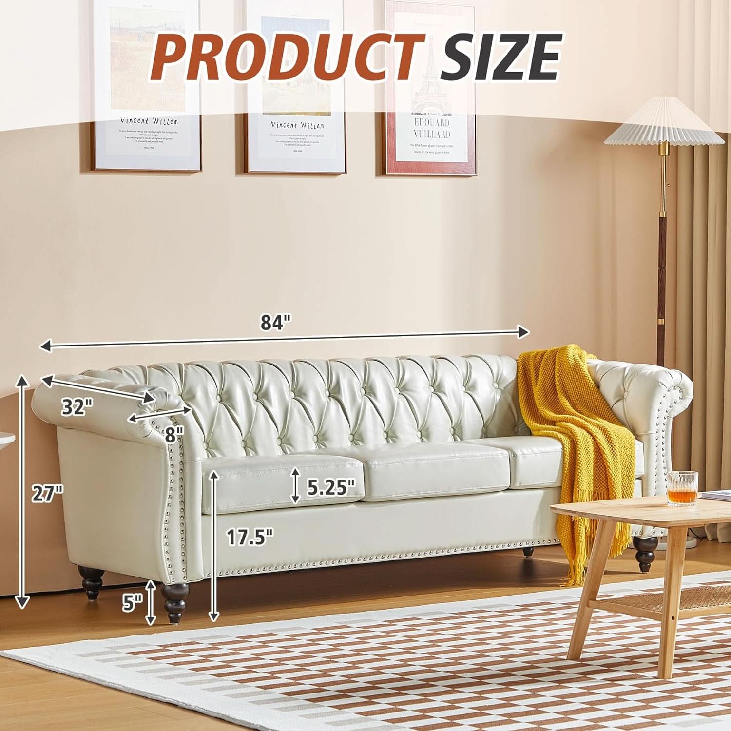 3 Piece Living Room Set Chesterfield Faux Leather Sofa Loveseat Chair White With Scroll Arms And Nailhead