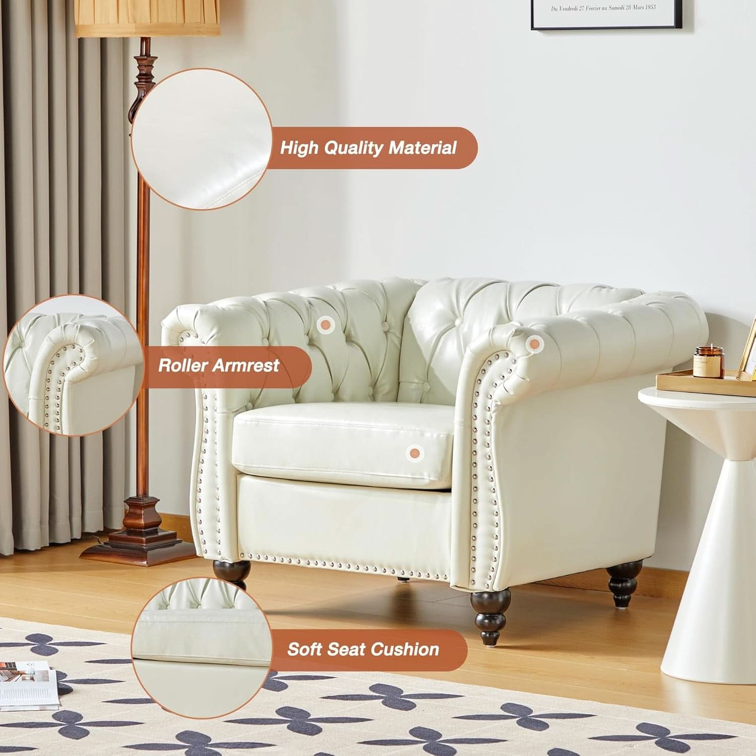 3 Piece Living Room Set Chesterfield Faux Leather Sofa Loveseat Chair White With Scroll Arms And Nailhead