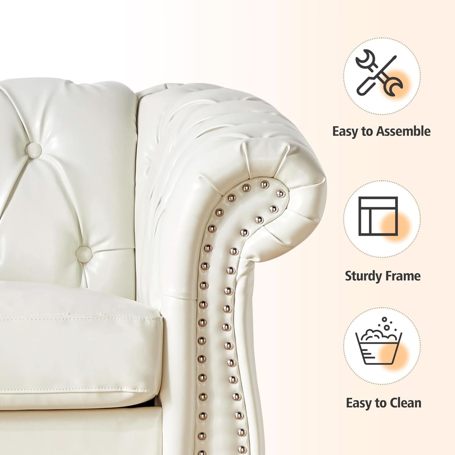 3 Piece Living Room Set Chesterfield Faux Leather Sofa Loveseat Chair White With Scroll Arms And Nailhead