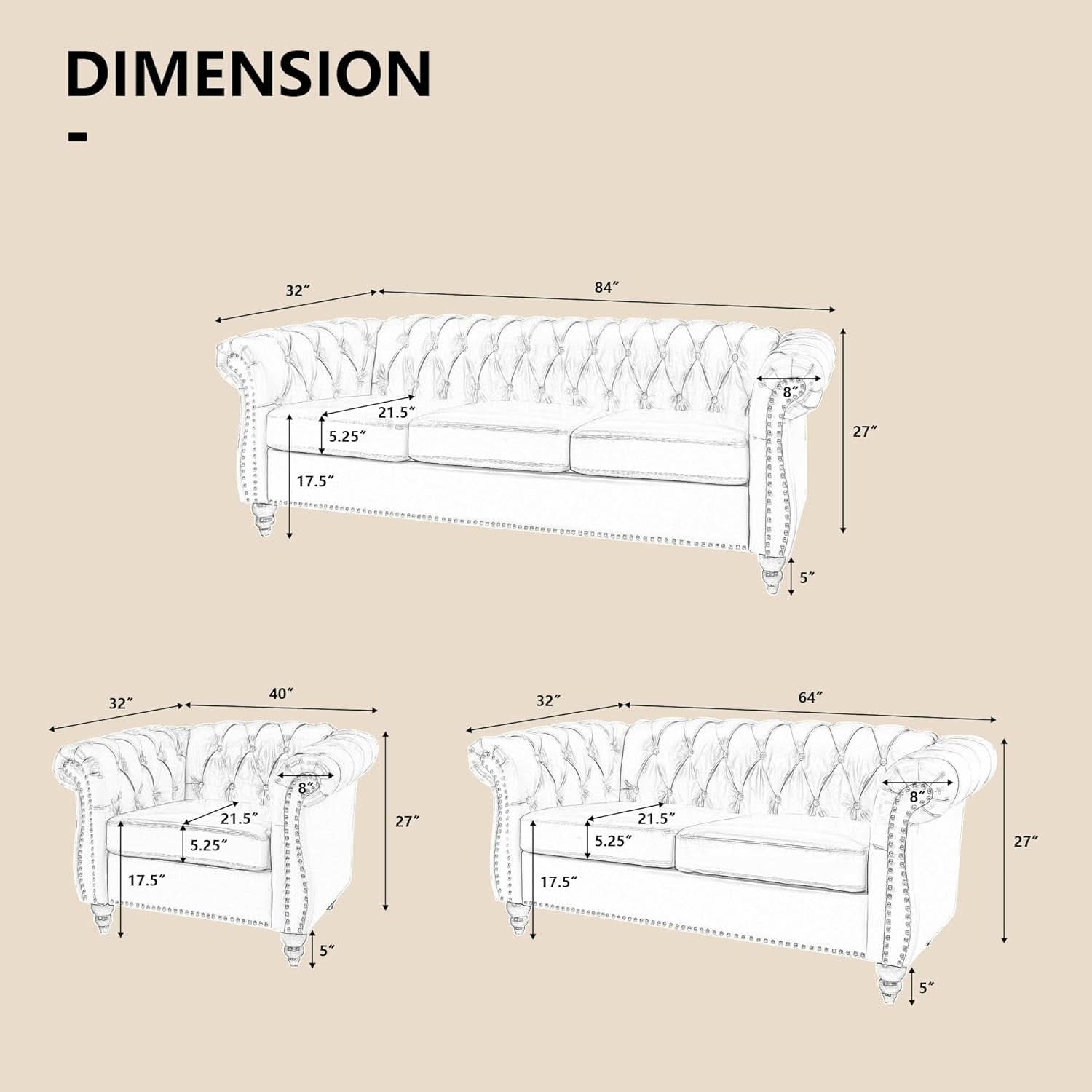3 Piece Living Room Set Sectional Chesterfield Sofa Chair Artificial Leather Black