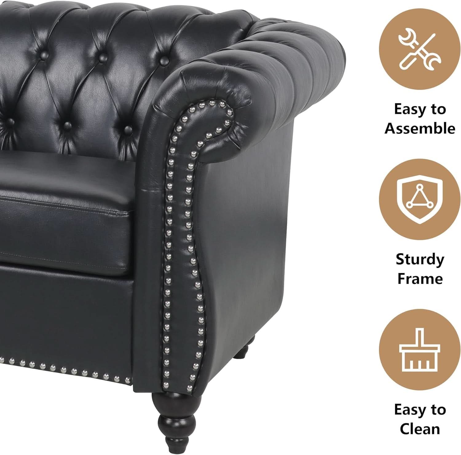 3 Piece Living Room Set Sectional Chesterfield Sofa Chair Artificial Leather Black