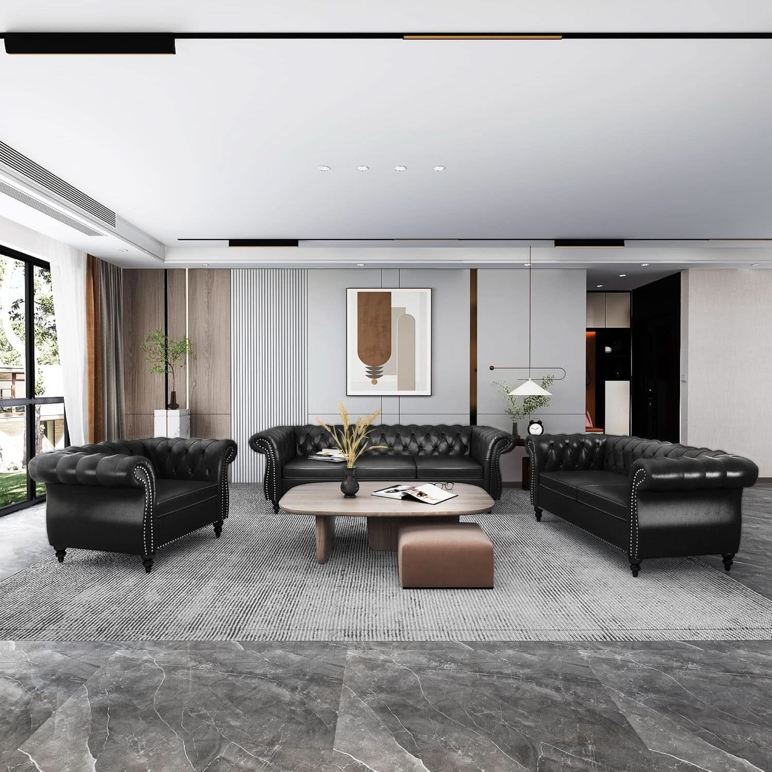 3 Piece Living Room Set Sectional Chesterfield Sofa Chair Artificial Leather Black