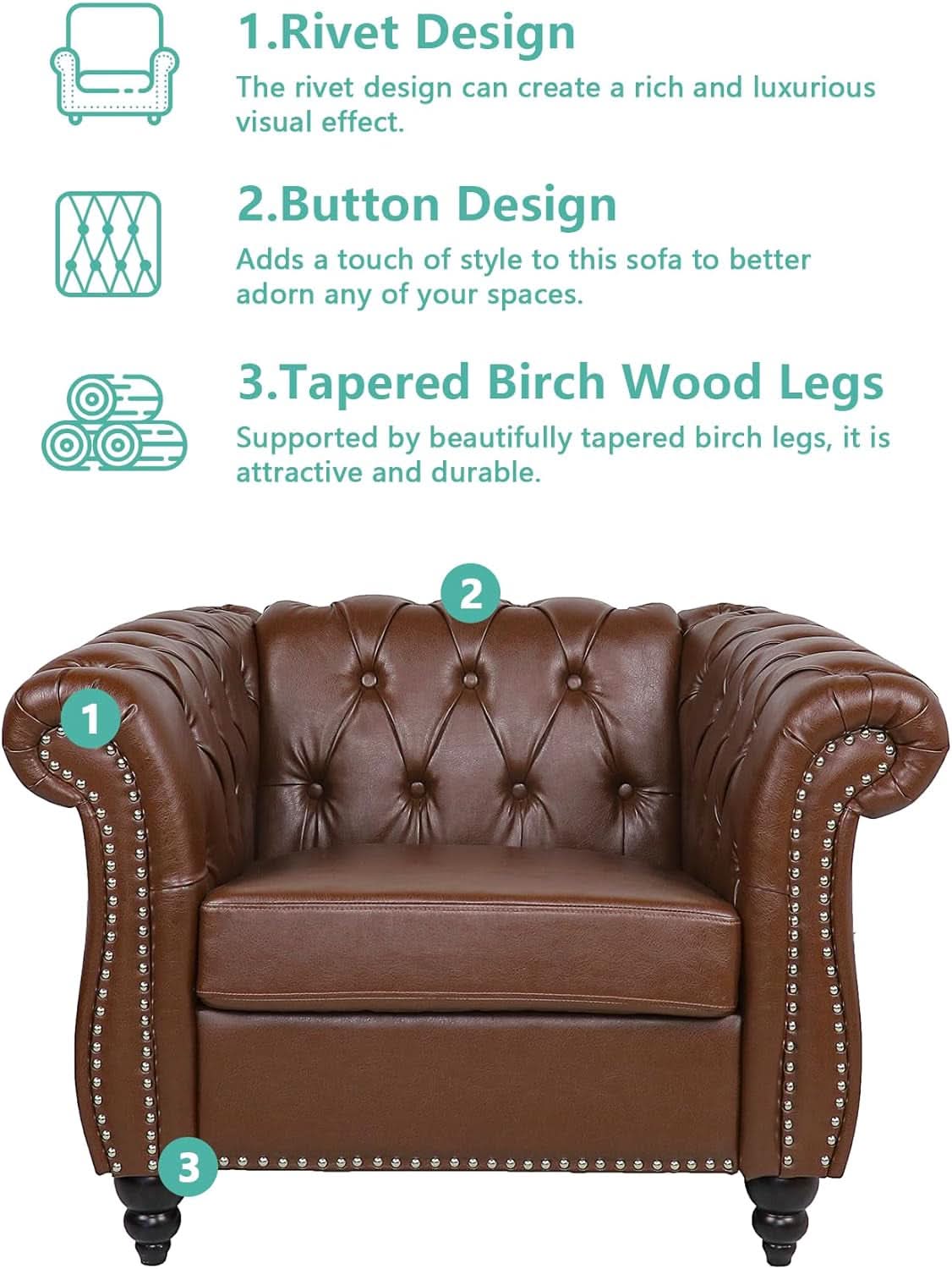 3 Piece Living Room Set With Sectional Chesterfield Sofa Chair And Leather Upholstered Loveseat