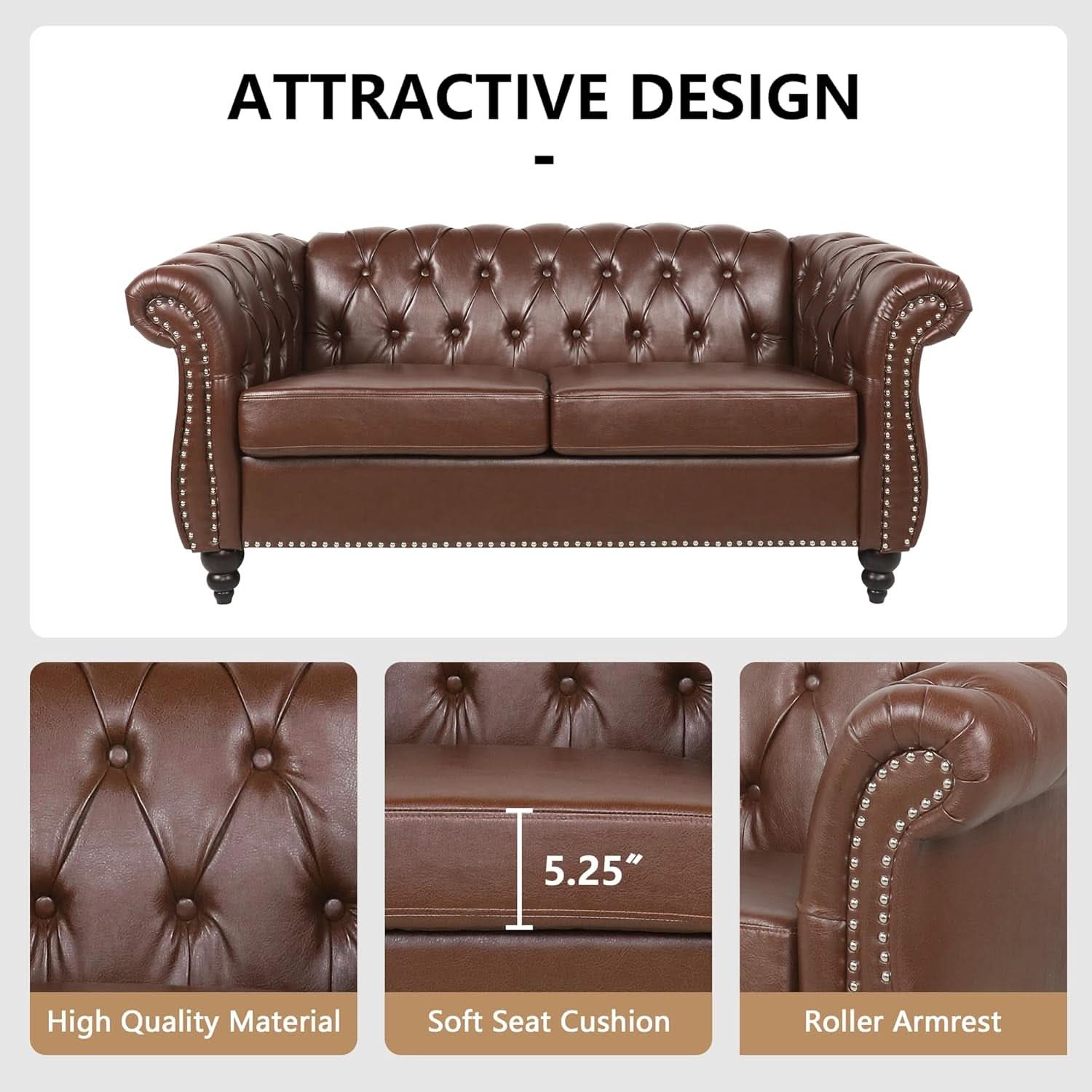 3 Piece Living Room Set With Sectional Chesterfield Sofa Chair And Leather Upholstered Loveseat