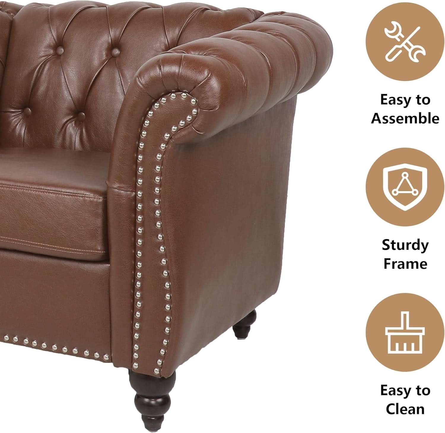 3 Piece Living Room Set With Sectional Chesterfield Sofa Chair And Leather Upholstered Loveseat