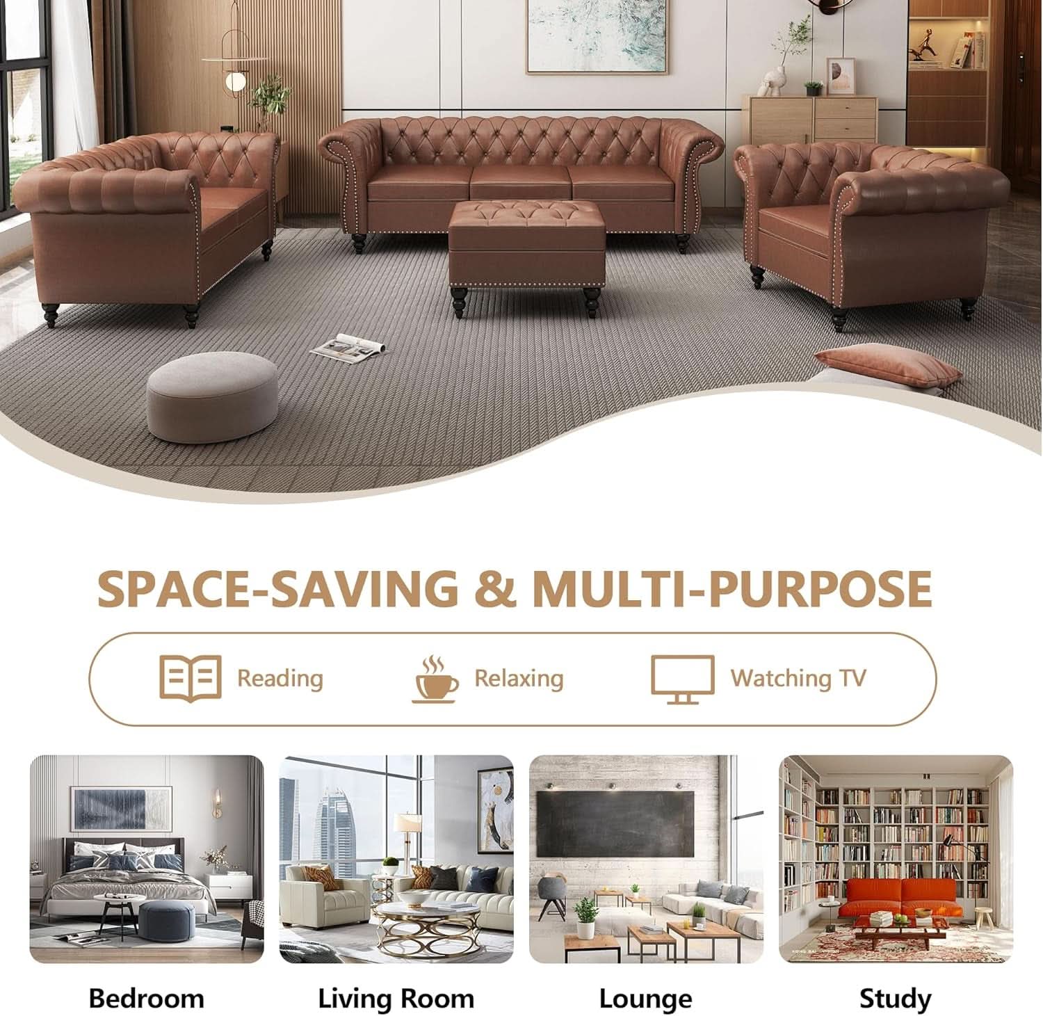 3 Piece Living Room Set With Sectional Chesterfield Sofa Chair And Leather Upholstered Loveseat