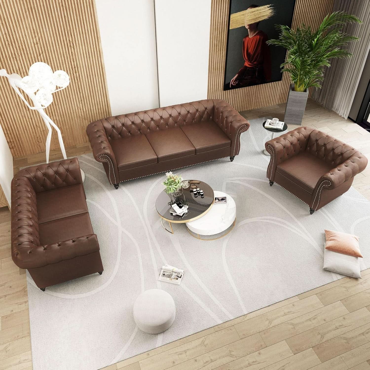 3 Piece Living Room Set With Sectional Chesterfield Sofa Chair And Leather Upholstered Loveseat
