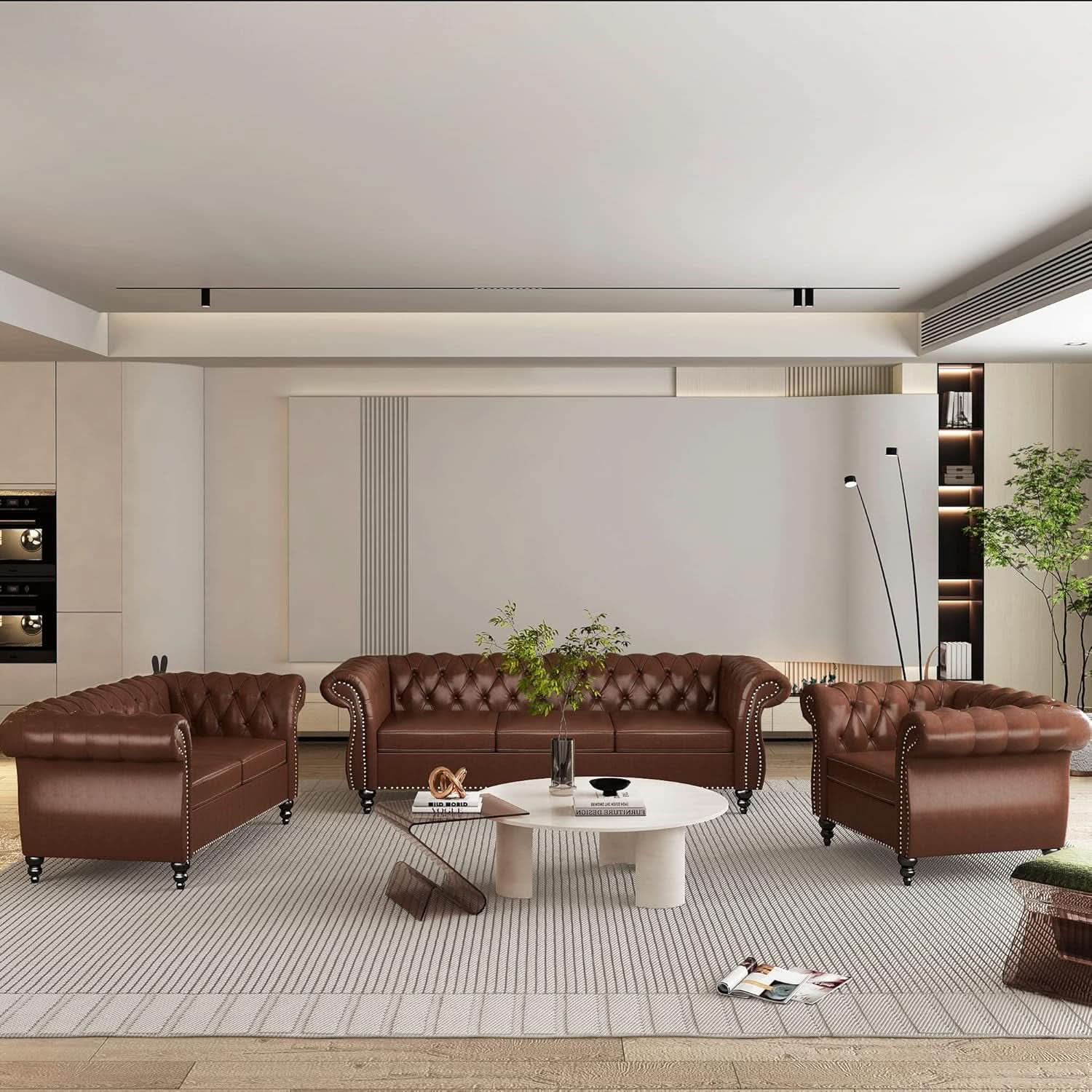3 Piece Living Room Set With Sectional Chesterfield Sofa Chair And Leather Upholstered Loveseat