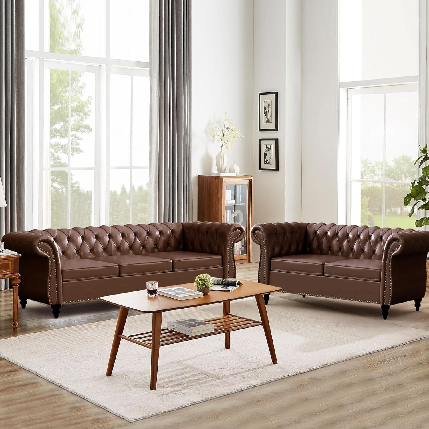 3 Piece Living Room Set With Sectional Chesterfield Sofa Chair And Leather Upholstered Loveseat