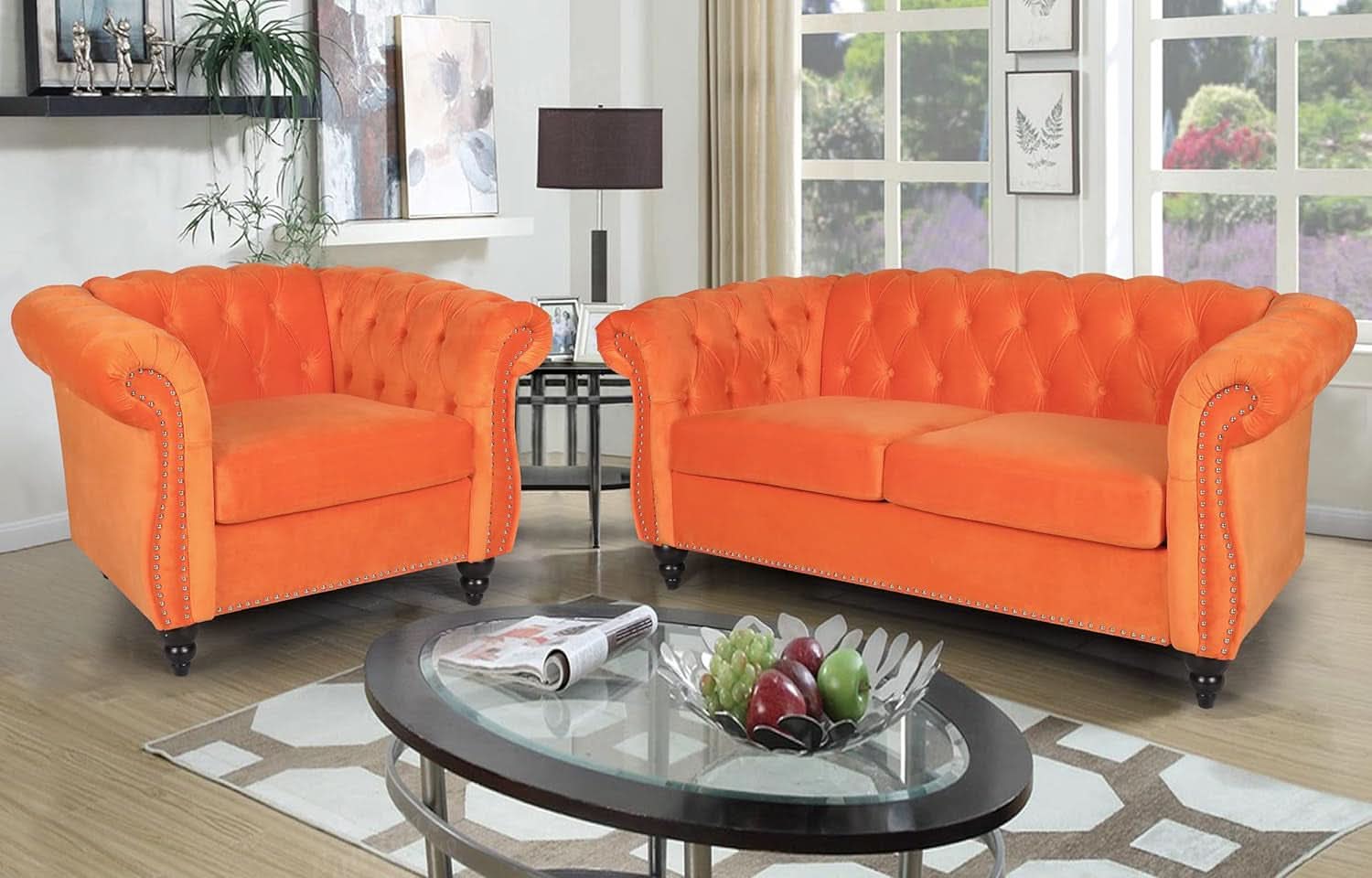 3 Piece Orange Velvet Living Room Sofa Set Includes Loveseat And Club Chair Durable Upholstery