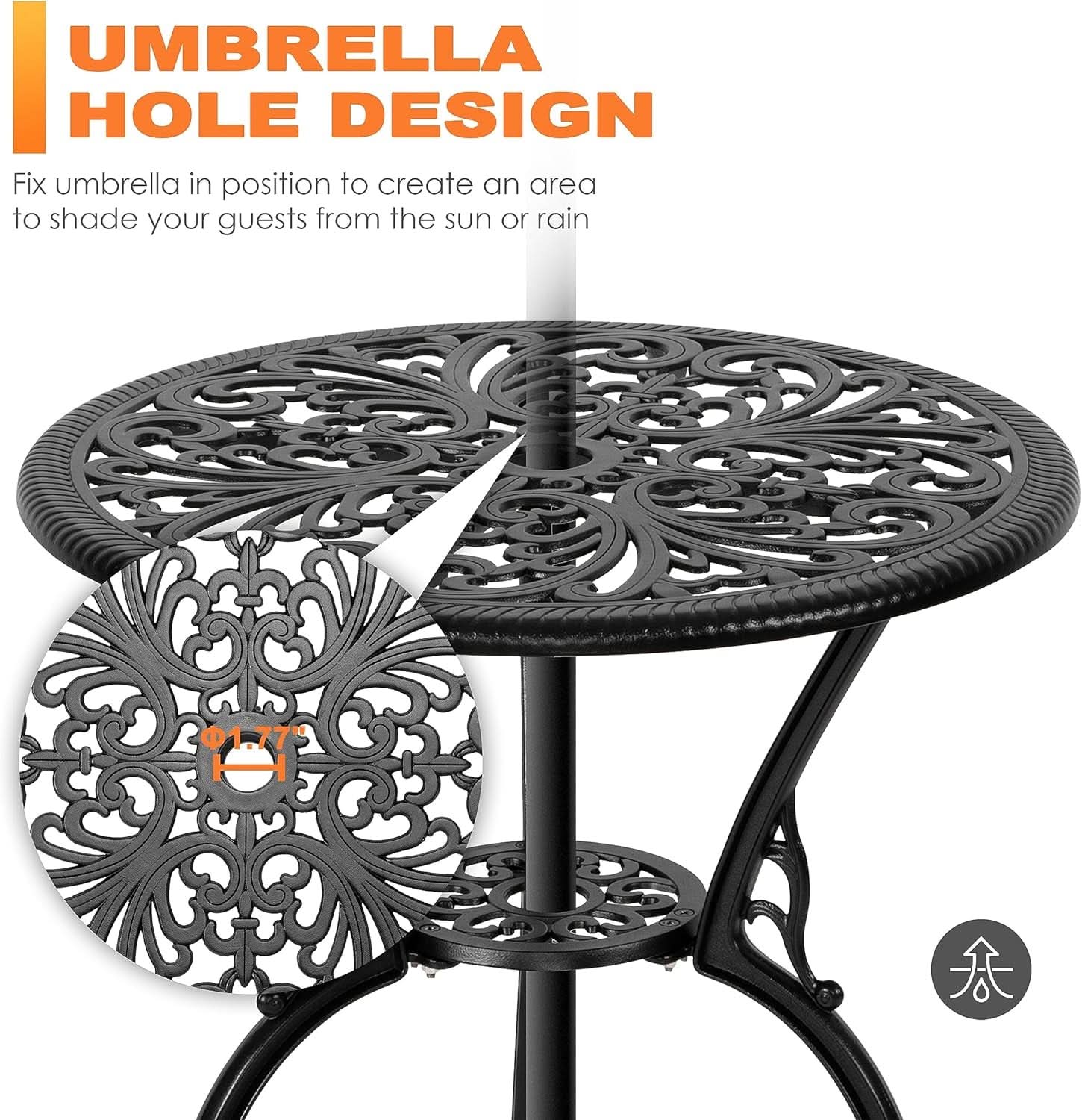 3 Piece Outdoor Bistro Set Cast Aluminum With Umbrella Hole Patio Garden Balcony Courtyard