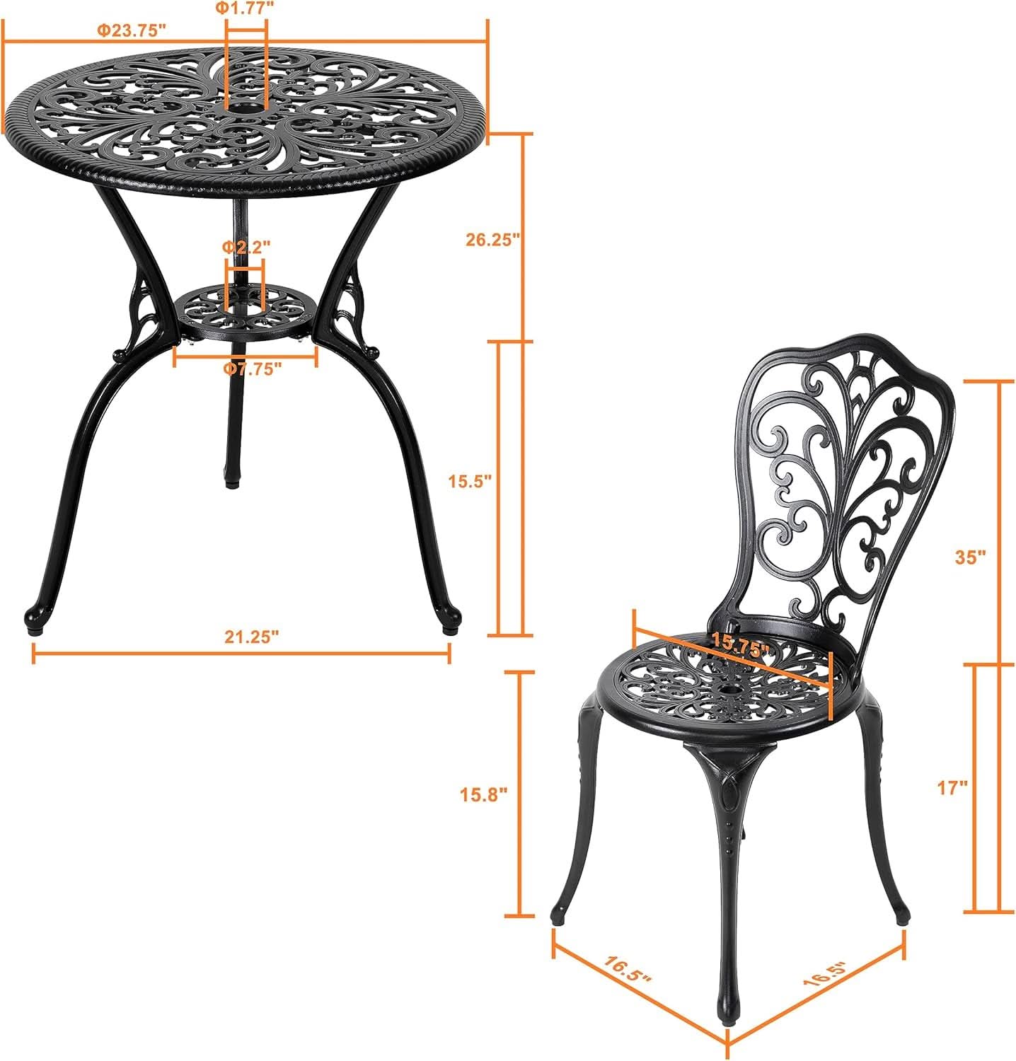 3 Piece Outdoor Bistro Set Cast Aluminum With Umbrella Hole Patio Garden Balcony Courtyard