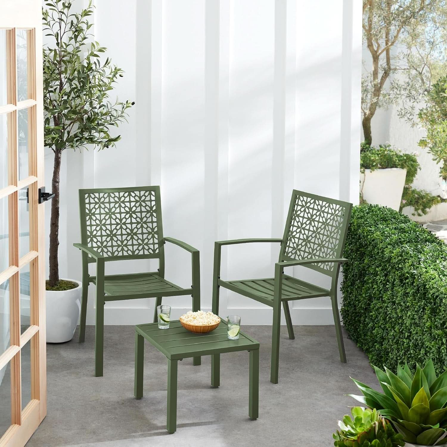 3 Piece Outdoor Bistro Set Sage Green Stackable Steel