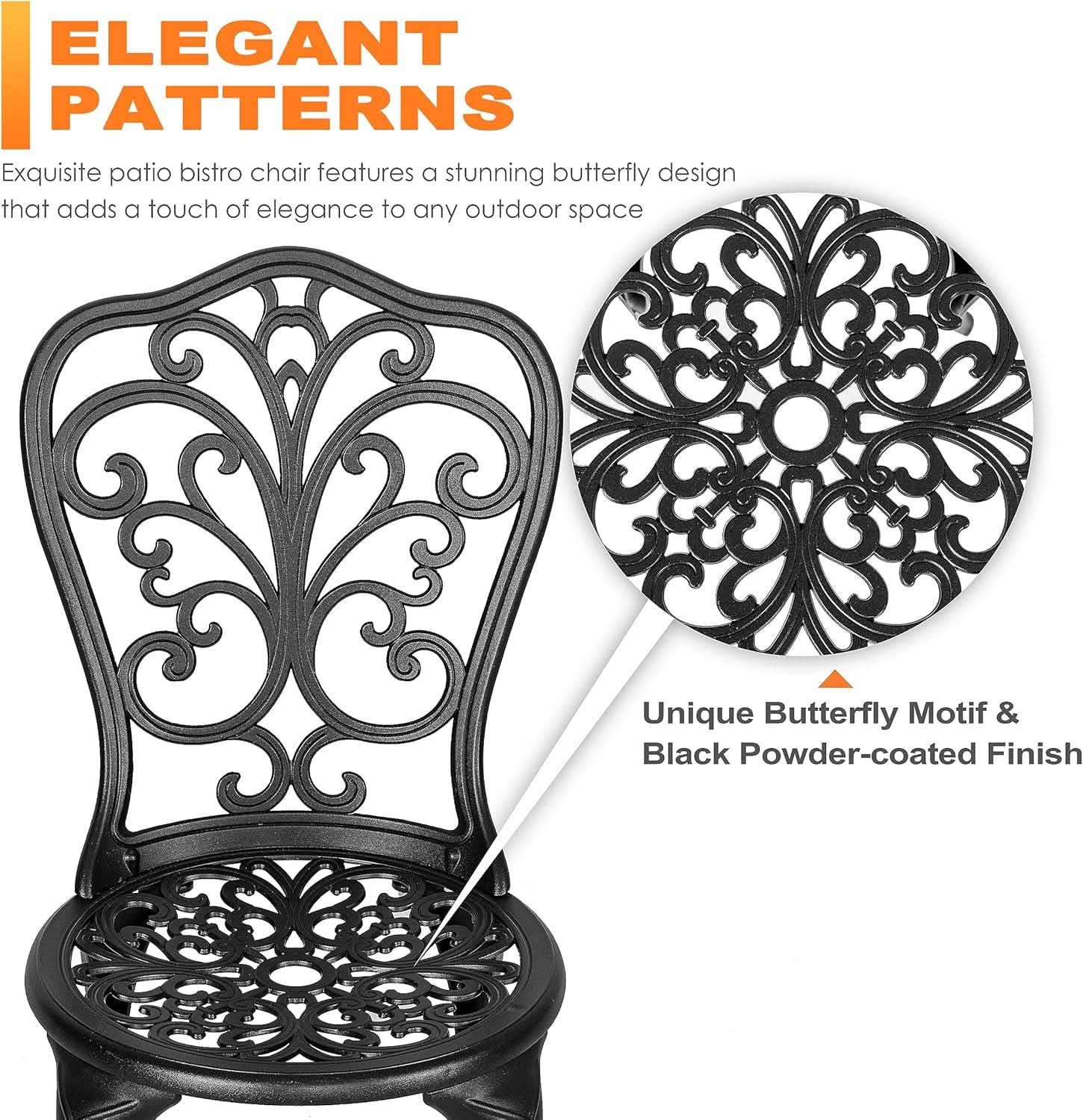 3 Piece Outdoor Bistro Table Set Cast Aluminum Black With Butterfly Design And Umbrella Hole