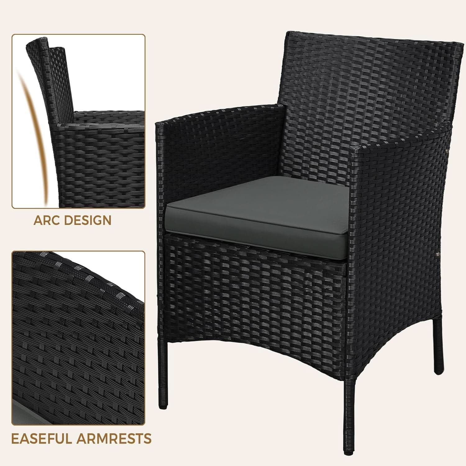 3 Piece Outdoor PE Rattan Wicker Patio Furniture Set With Soft Cushions And Glass Coffee Table