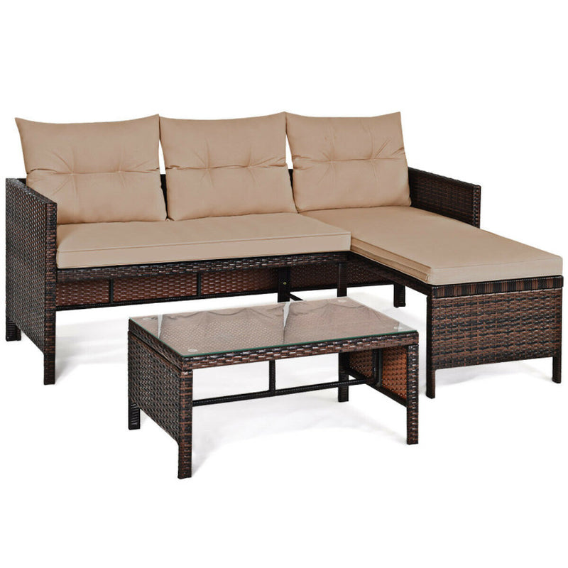 3 Piece Outdoor Patio Corner Rattan Sofa Set With Cushions For Garden Or Backyard