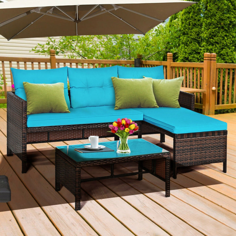 3 Piece Outdoor Patio Corner Rattan Sofa Set With Cushions For Garden Or Backyard