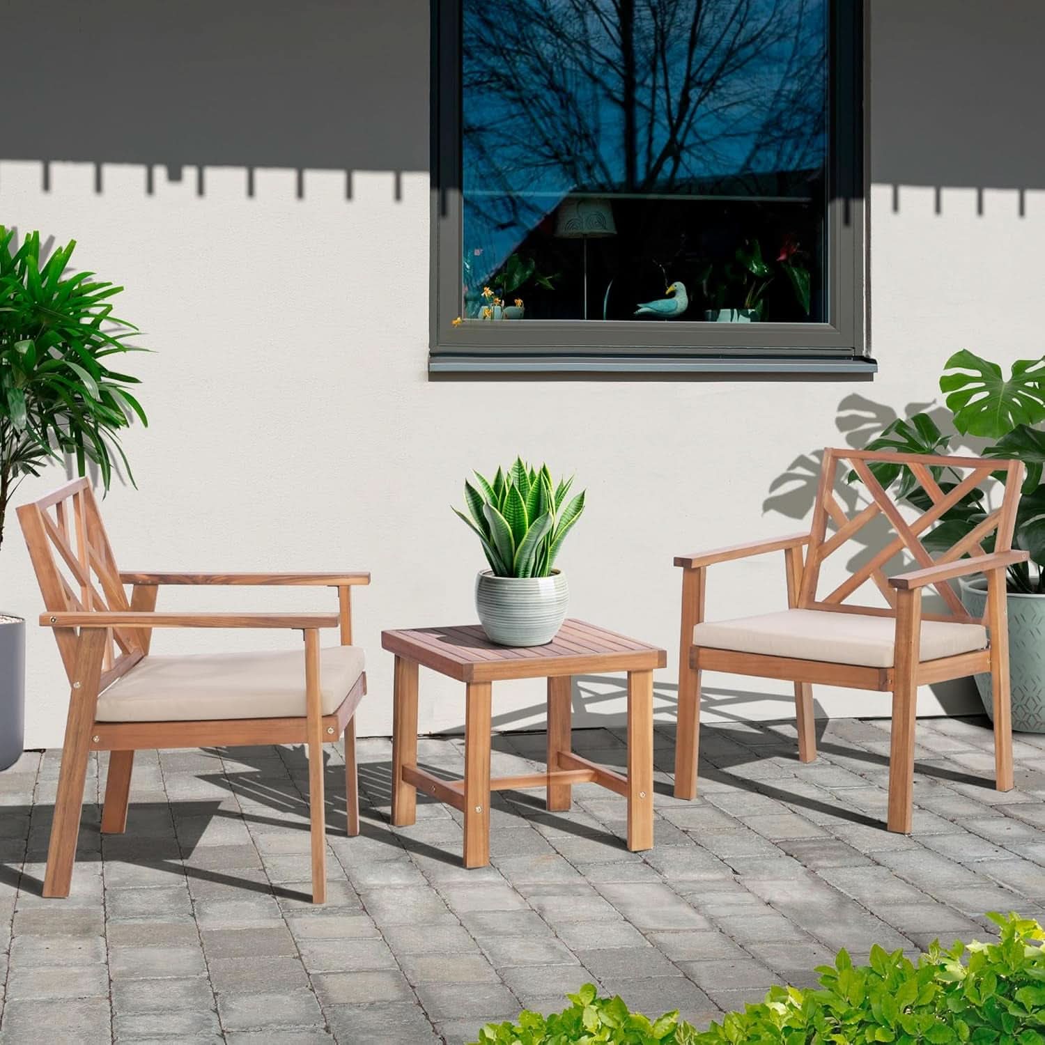 3 Piece Outdoor Patio Furniture Set Acacia Wood Cushioned Chairs And Coffee Table