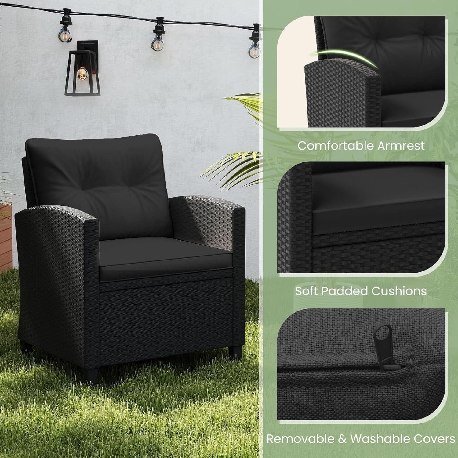 3 Piece Outdoor Patio Furniture Set Black Wicker Conversation Set With Cushions And Glass Coffee Table