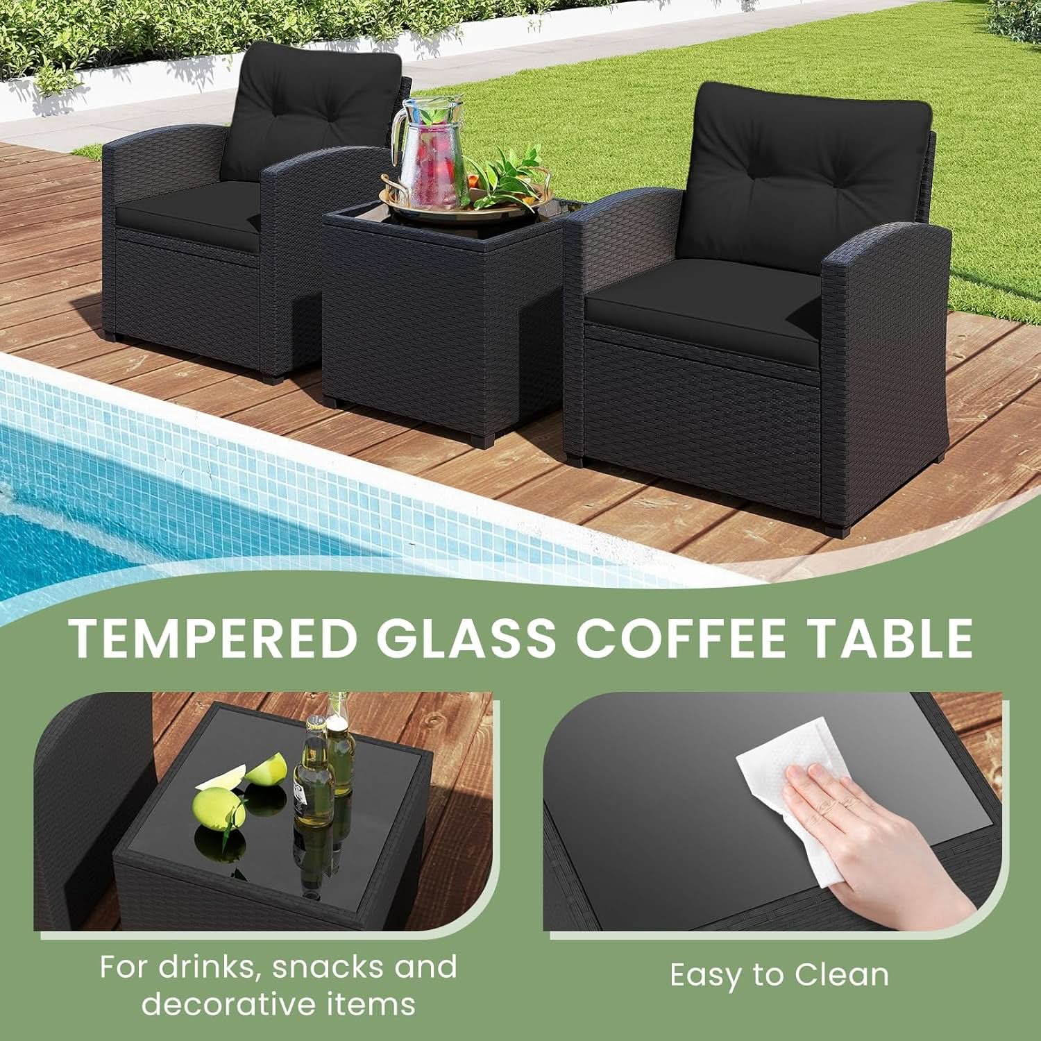 3 Piece Outdoor Patio Furniture Set Black Wicker Conversation Set With Cushions And Glass Coffee Table