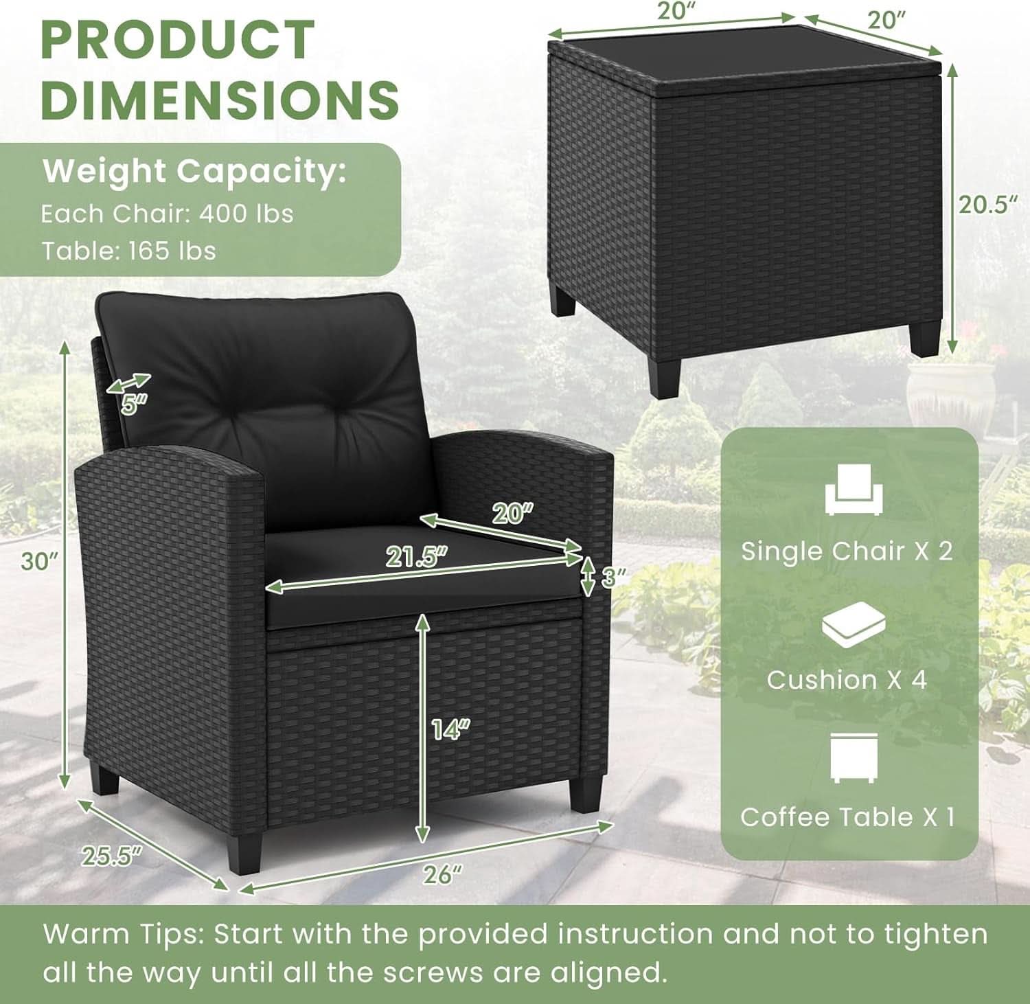 3 Piece Outdoor Patio Furniture Set Black Wicker Conversation Set With Cushions And Glass Coffee Table