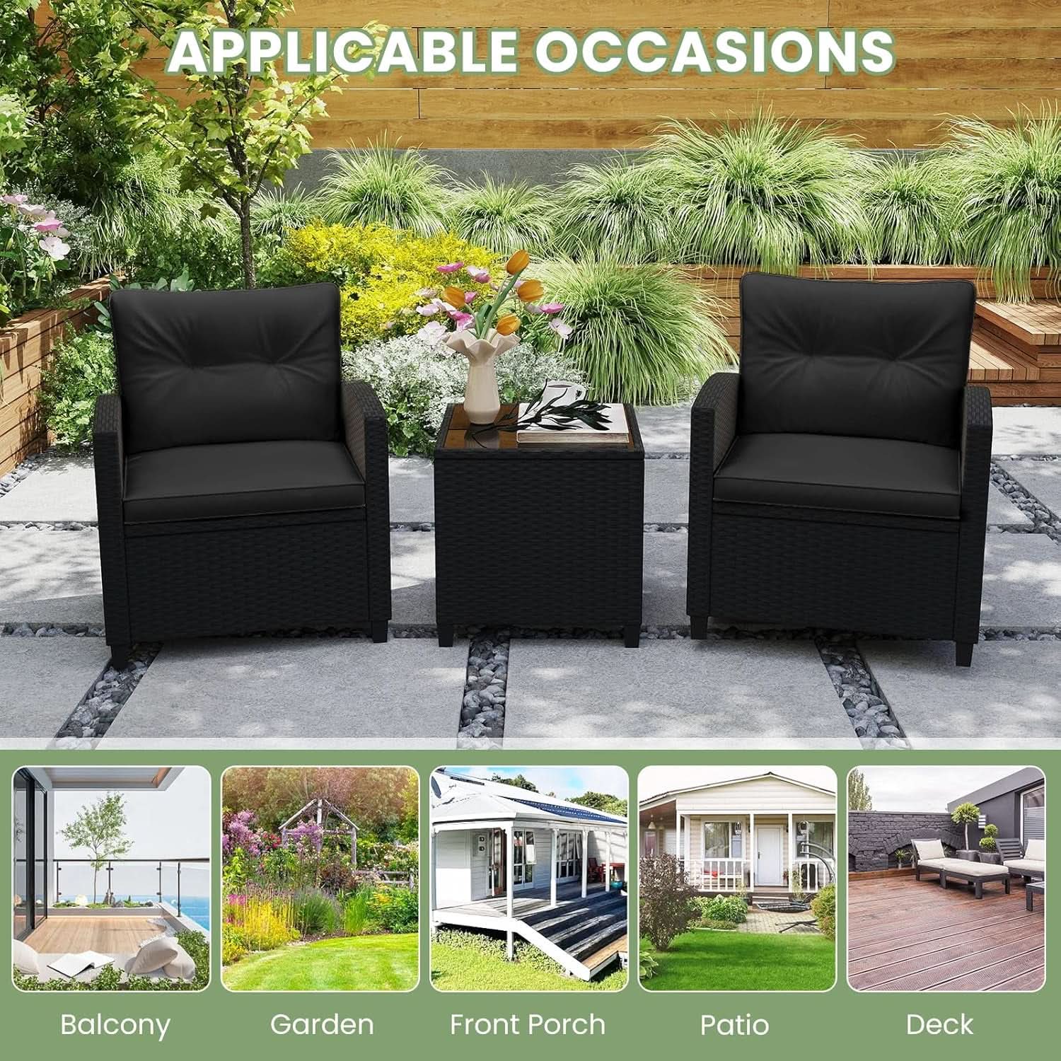 3 Piece Outdoor Patio Furniture Set Black Wicker Conversation Set With Cushions And Glass Coffee Table